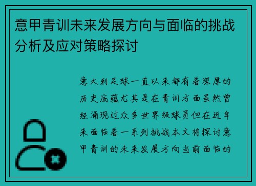 意甲青训未来发展方向与面临的挑战分析及应对策略探讨
