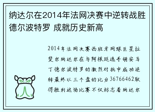 纳达尔在2014年法网决赛中逆转战胜德尔波特罗 成就历史新高 纳达尔在2014年法网决赛中逆转战胜德尔波特罗 成就历史新高