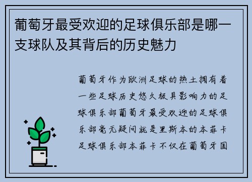 葡萄牙最受欢迎的足球俱乐部是哪一支球队及其背后的历史魅力 葡萄牙最受欢迎的足球俱乐部是哪一支球队及其背后的历史魅力