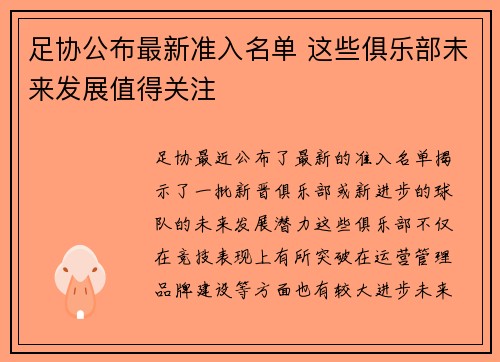 足协公布最新准入名单 这些俱乐部未来发展值得关注